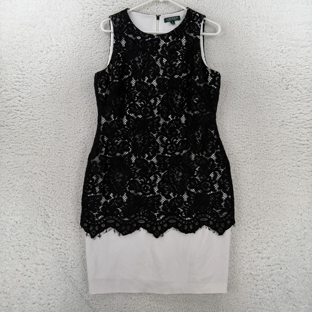 Lauren Ralph Lauren Dress Womens 12 Black Lace Overlay Sheath Knee Length Party
